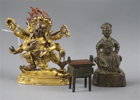 A gilt Tibetan bronze deity, a bronze figure of Guandi and a miniature bronze censer